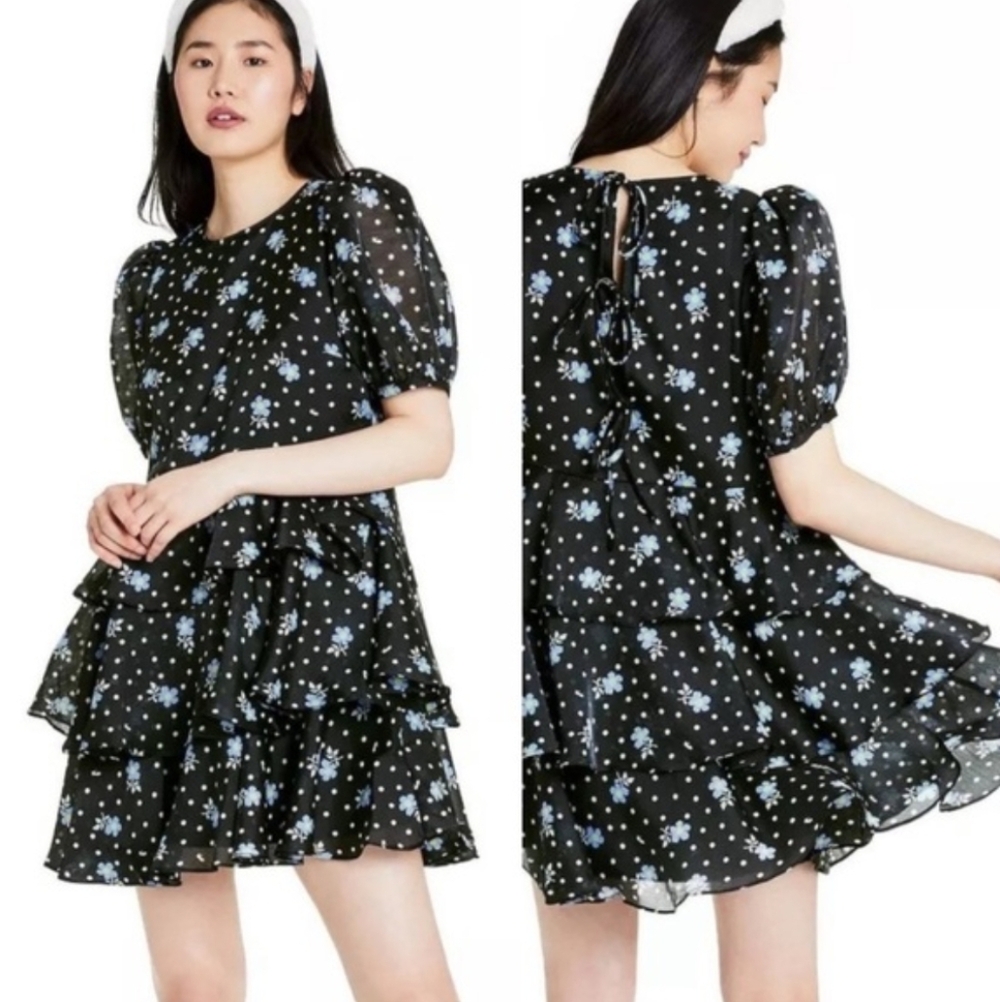Sandy Liang X Target • Floral Short Puff Sleeve Tiered Polka Dot Dress medium